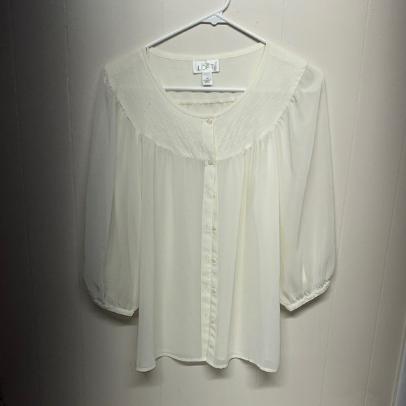LOFT Cream Blouse with Bib Collar and Ruffled 3/4 Sleeves - Picture 1 of 10